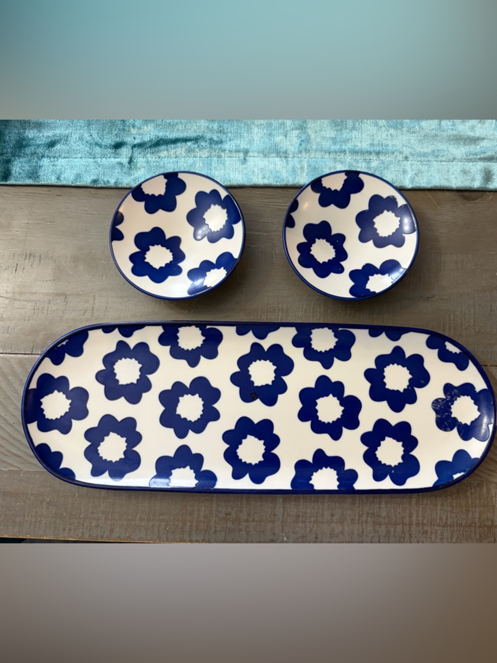 Blue Floral Ceramic Serving Platter with Two Matching Dipping Bowls